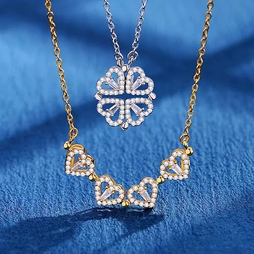 Gold And Silver-Plated Pendant Diamond Folding Magnetic Copper Heart Four Leaf Clover Necklace (Gold) #TOP2