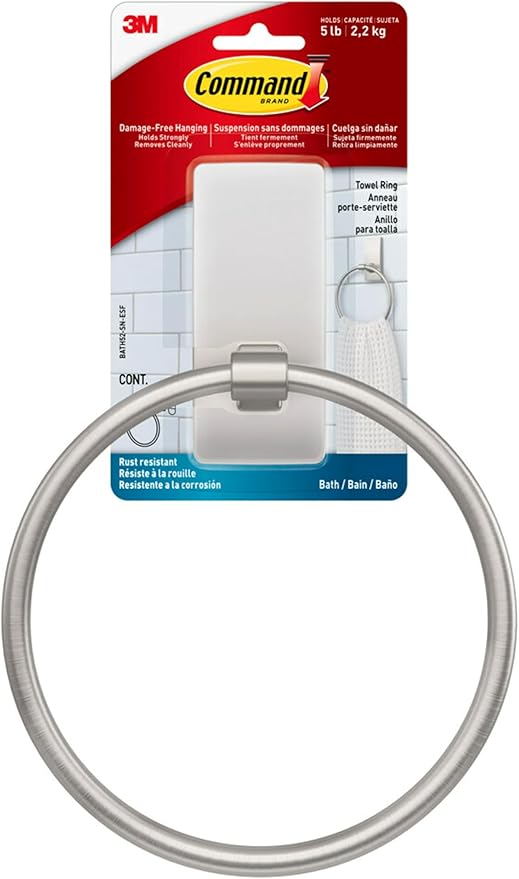 Command Hand Towel Holder Satin Nickel with Water Resistant Command Strips, Rust Resistant Bathroom Organizer