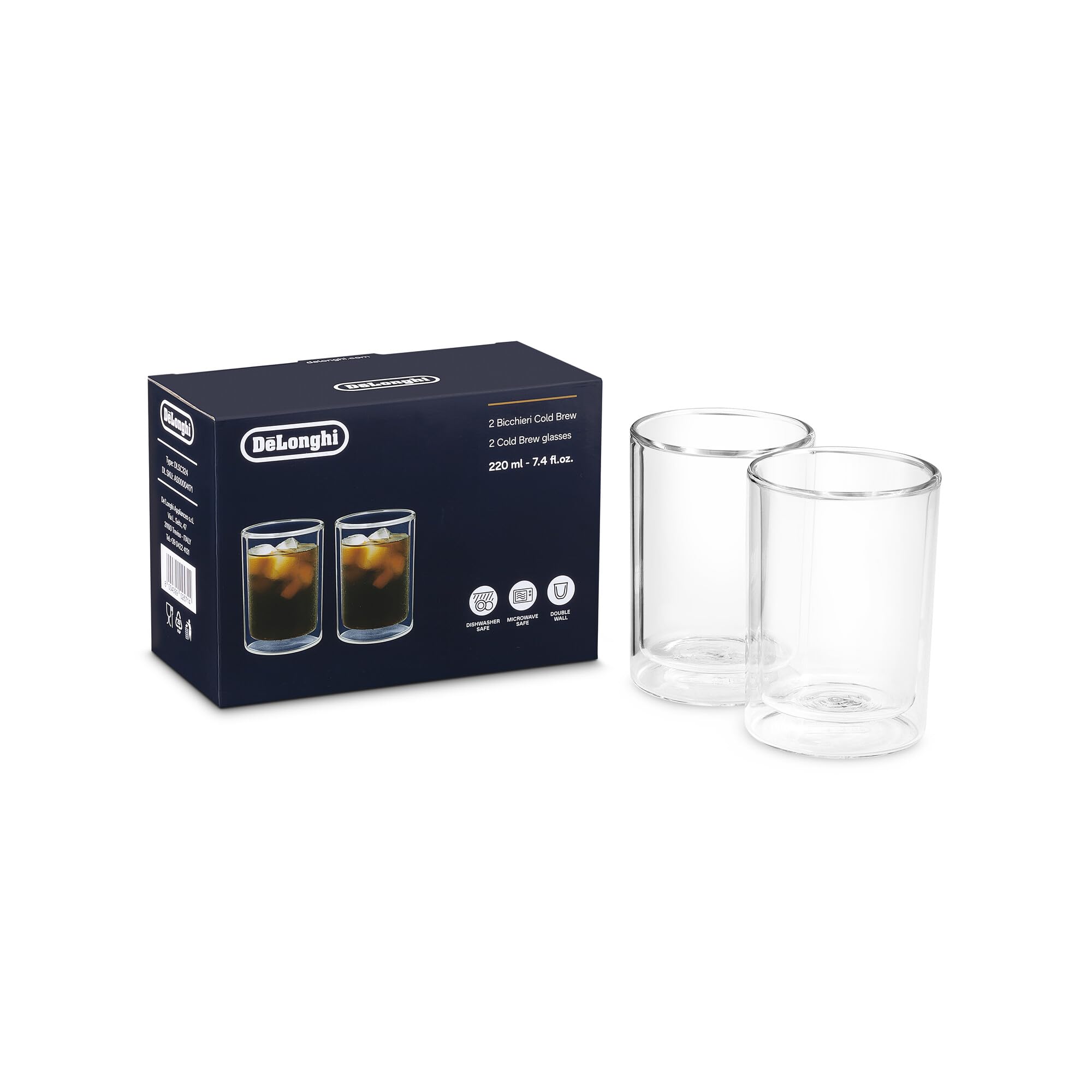 De'Longhi 2 Bicchieri Termici di Vetro a Doppia Parete DLSC324, Vetro Resistente in Borosilicato, Confortevole da Tenere, Senza Condensazione, Lavabile in Lavastoviglie, Capacità 220ml