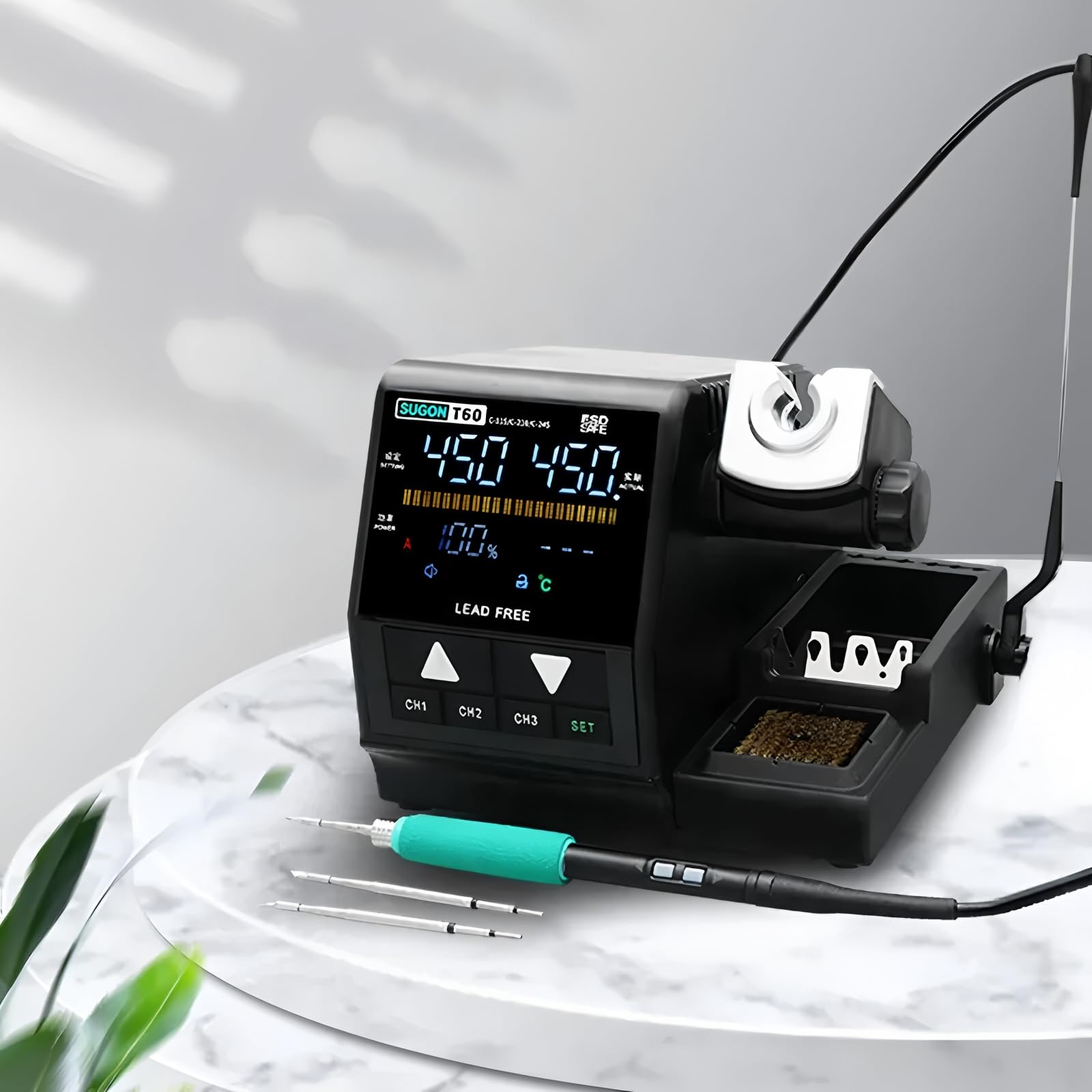 Estaciones de soldadura de calentamiento rápido Sugon T60 120W 2S calentamiento rápido hasta 380°C estaciones digitales de soldadura (T60+245+3 puntas)