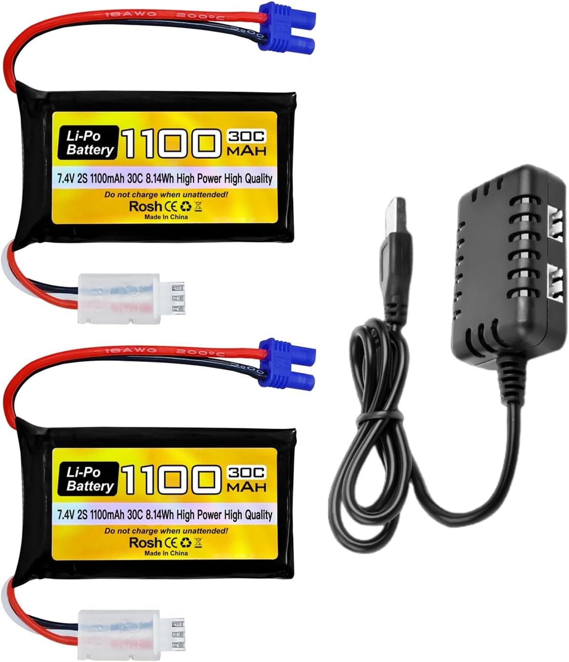 sea jump 2PCS 7.4V 1100mAh 2S Lipo Battery with EC2 Plug and 2-in-1 Charger for UTB18 RC Car, 4WD Unlimited Off-Road High-Performance Climbing Vehicle Battery Accessories
