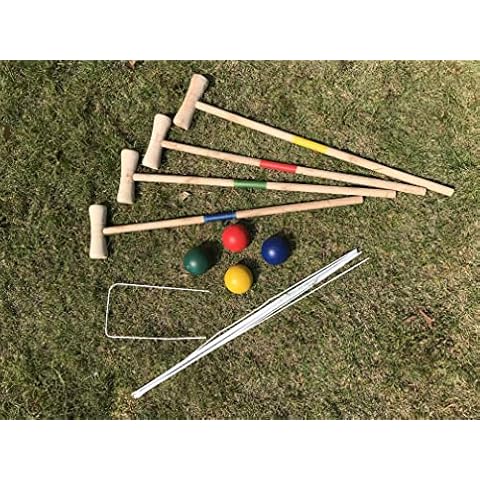 Wooden Croquet 4 Players Complete Outdoor Game Toys, Set 4 Mallet 4 Balls 10 Hoops & 2 Sticks Perfect for Family Adults Teens & Kids Garden Lawn Backyard Beach & Park Fun Cover