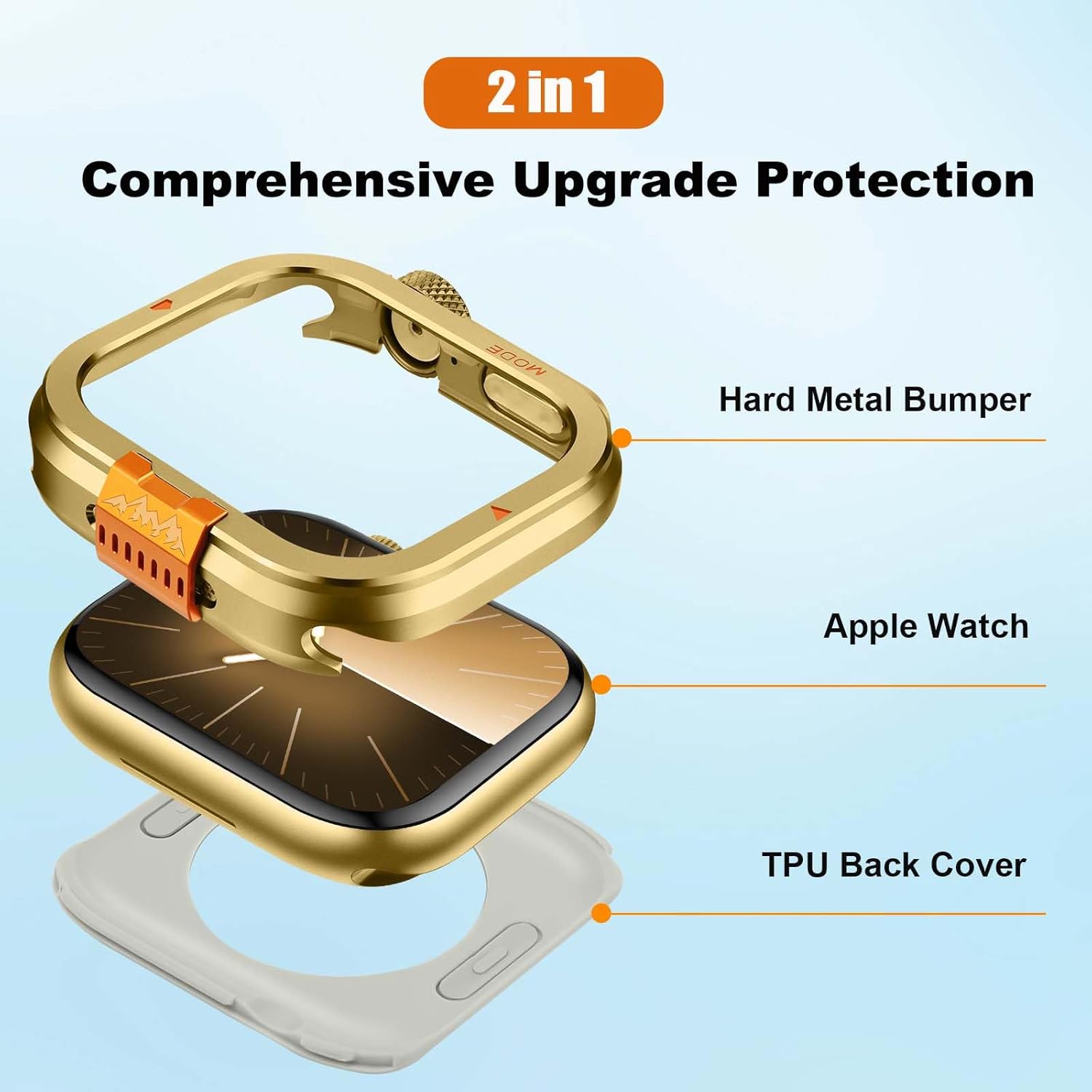 Metal Bumper Cover Compatible with Apple Watch Series 9/8/7 Case 45mm, [Turn 45mm into Ultra Look] Rugged Shockproof Protector with Back Frame for iWatch 45mm, Gold