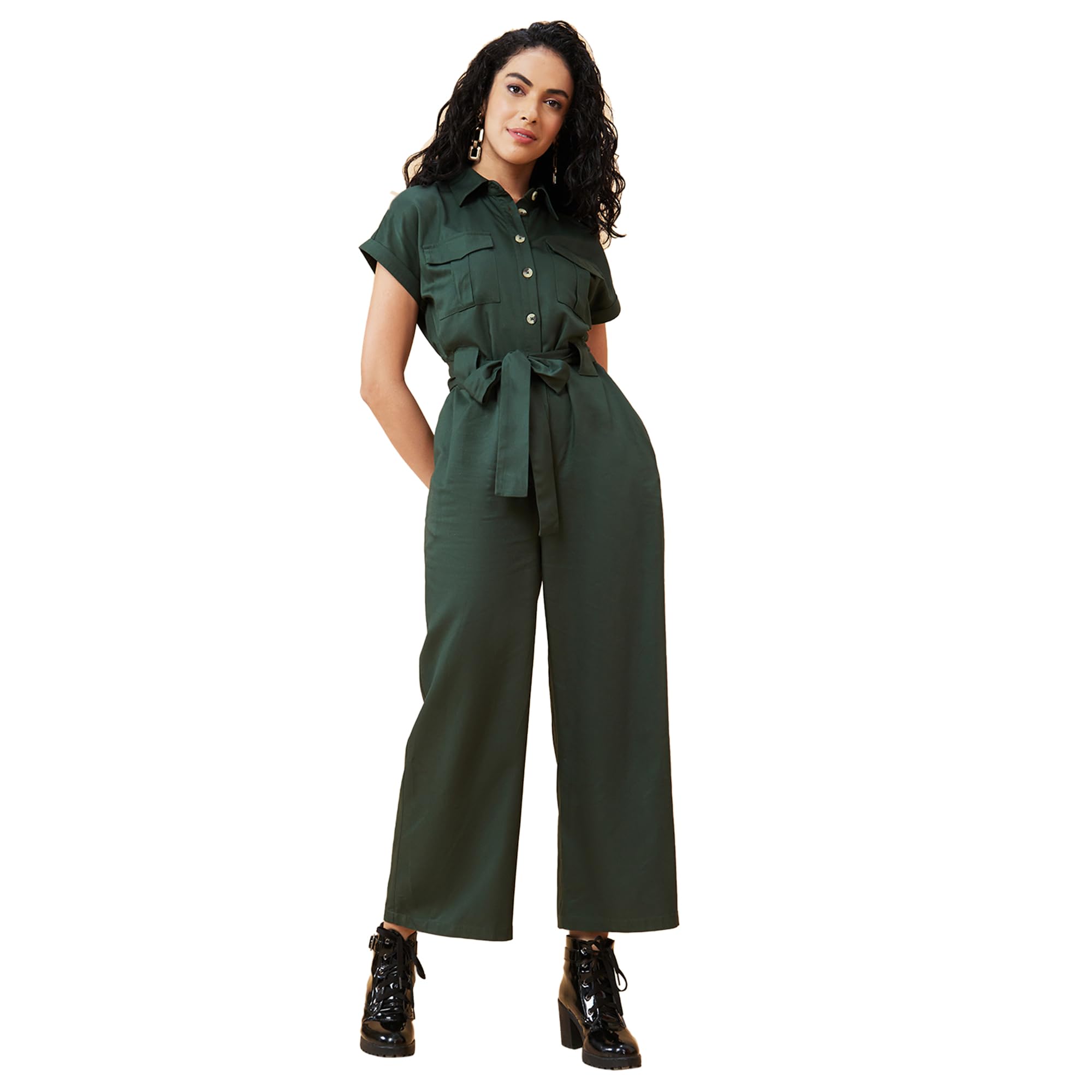 Women Shirt Collar Extended Sleeves Front Pockets Utility Belted Jumpsuit