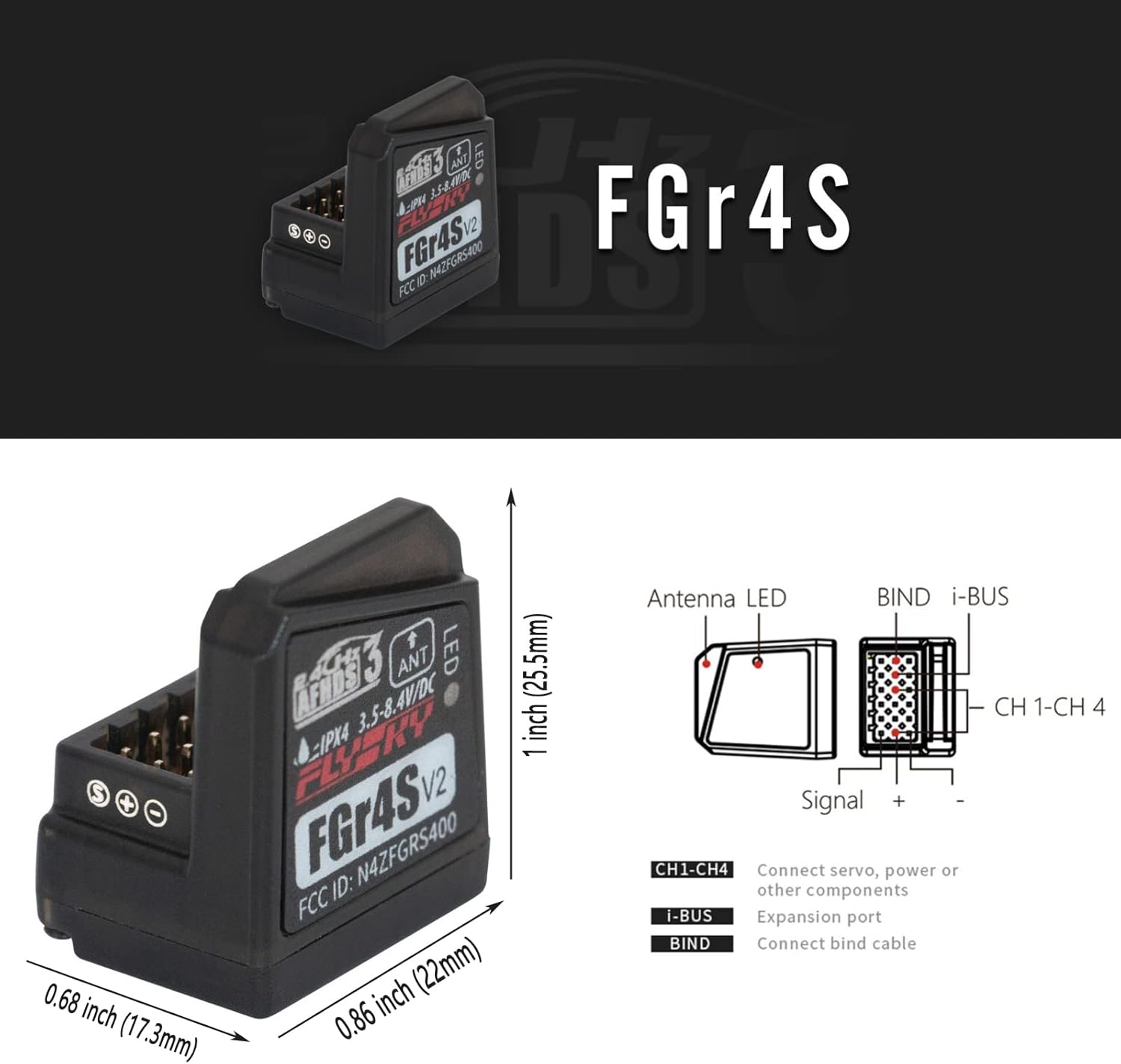 HTLNUZD Flysky FGr4S V2 4CH AFHDS 3 Remote Control 2.4GHz Receiver, Output Compatible with FS-NB4 Noble PL18 RC Transmitter Built-in Single Antenna PWM/PPM/I-Bus for RC Boat Car
