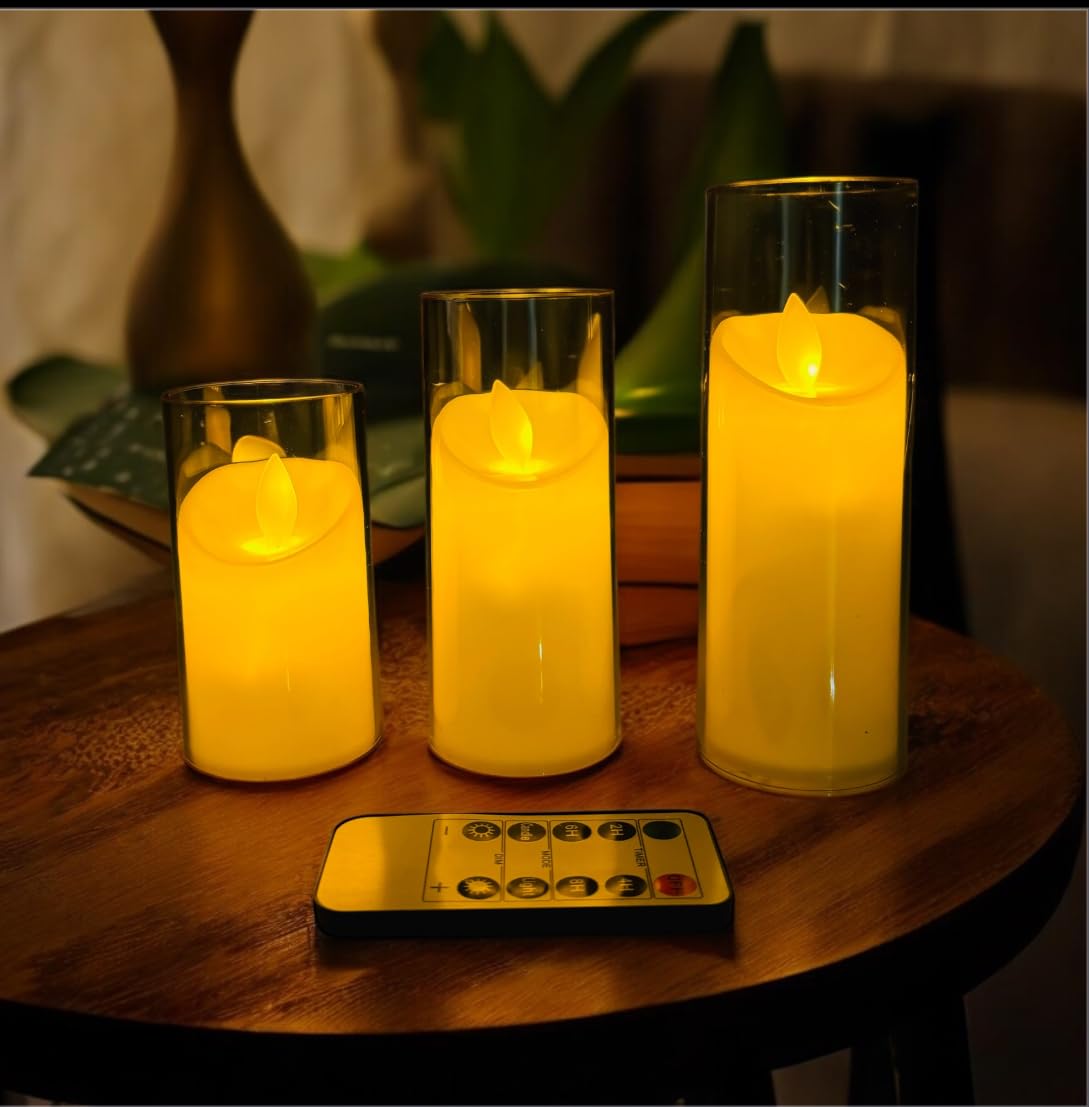Flameless LED Candles with Remote & Timer | Golden Acrylic Fiber Glass | Set of 3 | (Golden) for Home Decor-image-33