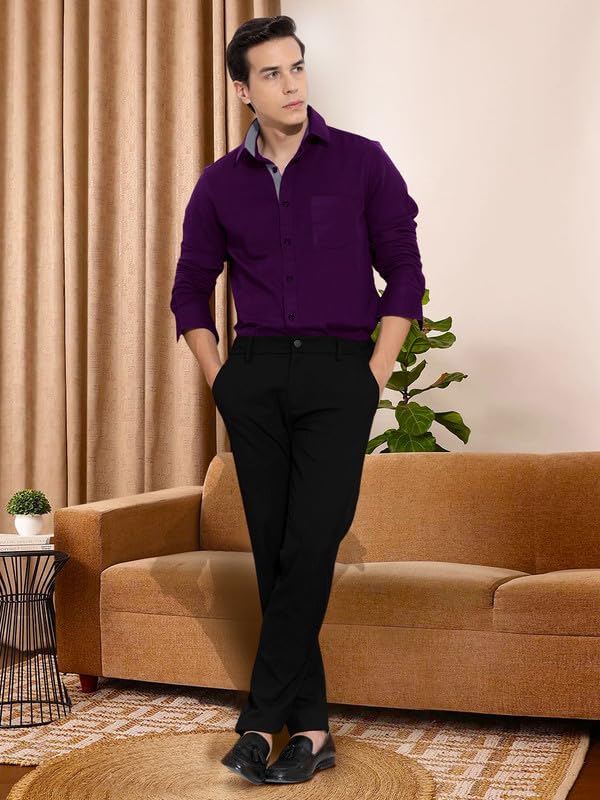 Image of Pinkmint Cotton Men's Shirt l Soild Casual Shirt l Long Sleeve Office Wear Shirt l Spread Collar Regular Fit Shirt Purple