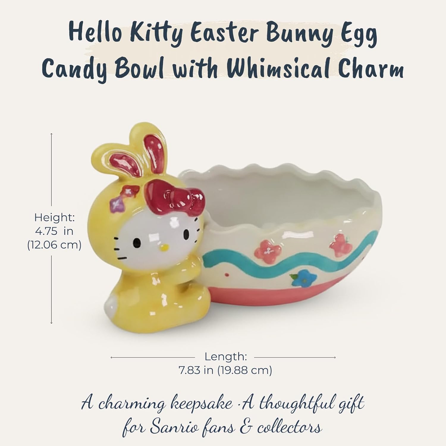 Blue Sky Clayworks Hello Kitty Easter Bunny Egg Candy Bowl, Ceramic, 8" L x 6" W x 5" H, Pastel Basket Smile