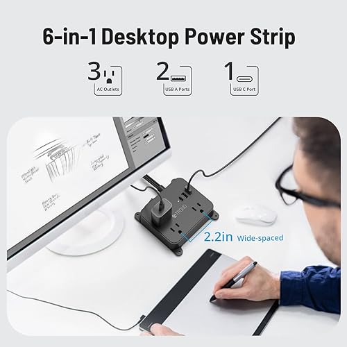 Miniatura 3 de TROND Cable de extensión de 15 pies de largo, regleta de alimentación de enchufe plano con 3 salidas de CA, 2 puertos USB-A, 1 puerto USB-C,