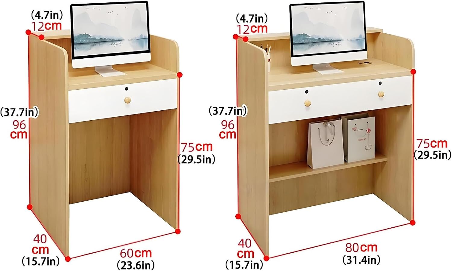 Small Reception Desk, Front Counter, Counter Desk with LED Lights, Front Desk with Lockable Drawers, for Salon Lobby Clothing Shop Hotel Checkout Office, Natural(60cm/23.6in)