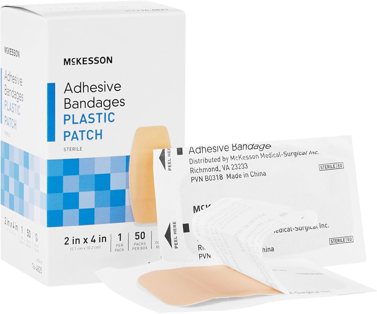 Vendas adhesivas McKesson, estériles, plástico, color canela, 2 x 4 pulgadas, 50 unidades | Rectángulo de parche de plástico estéril