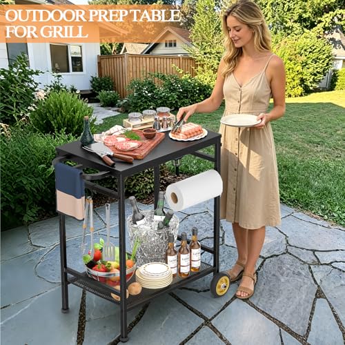 Image of 2-Tier Outdoor Grill Table with Wheels, Movable Cooking Food Prep Table for Outside BBQ Gathering, with 23.62 inch Lx 15.75 inch W Rust-resistant Tabletop, Griddle Stand for Patio & Backyard & Tools Room