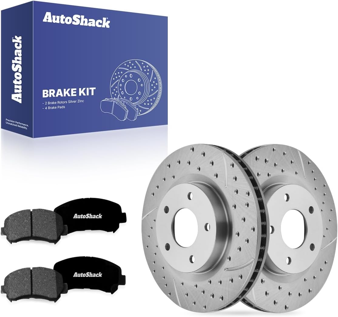AutoShack Front Vented Drilled & Slotted Silver Zinc Coated Brake Rotors + Premium Ceramic Pads 6-PC Brake Kit Replacement for 2008-2013 Nissan Rogue SilverShield Pro 11.65" (295.8 mm)