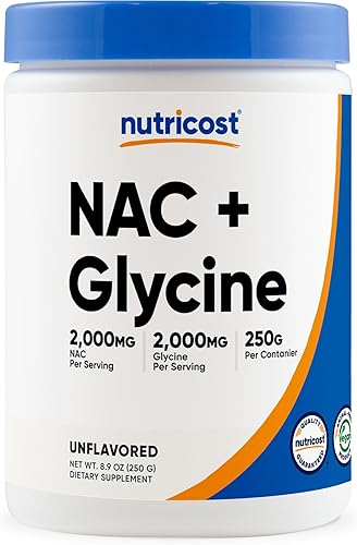 Nutricost NAC + glicina en polvo (250 gramos) sin sabor - 2000 mg de NAC + 2000 mg de glicina por porción, vegano, sin OGM, sin gluten, 62 porciones
