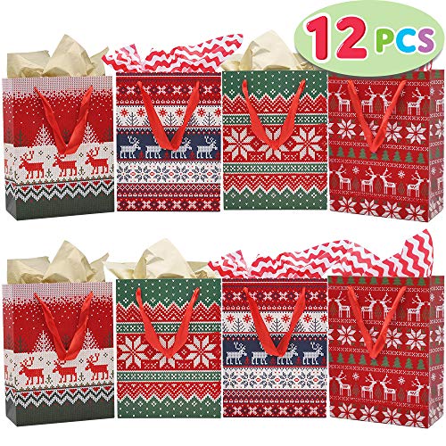 12 Pieces Xmas Gift Bags with Assorted Christmas Prints for Holiday Paper Gift Bags, Christmas Goody Bags, Classrooms and Party Favors