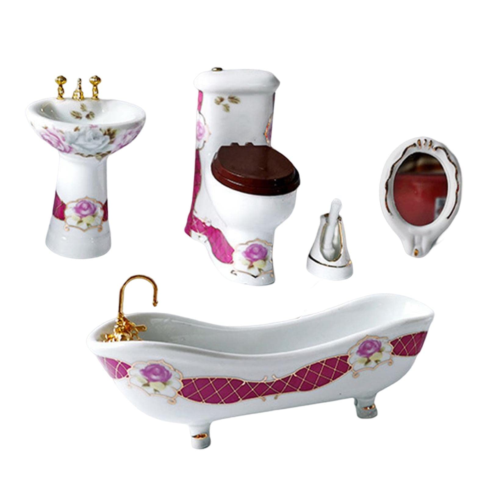 Oshhni 5 Pièces 1/12 Échelle Dollhouse Accessoires Ensemble de Salle de Bain DIY Scène Accessoires Miniature Lavabo pour Salle de Bains Toilette Toilette, blanc et rouge