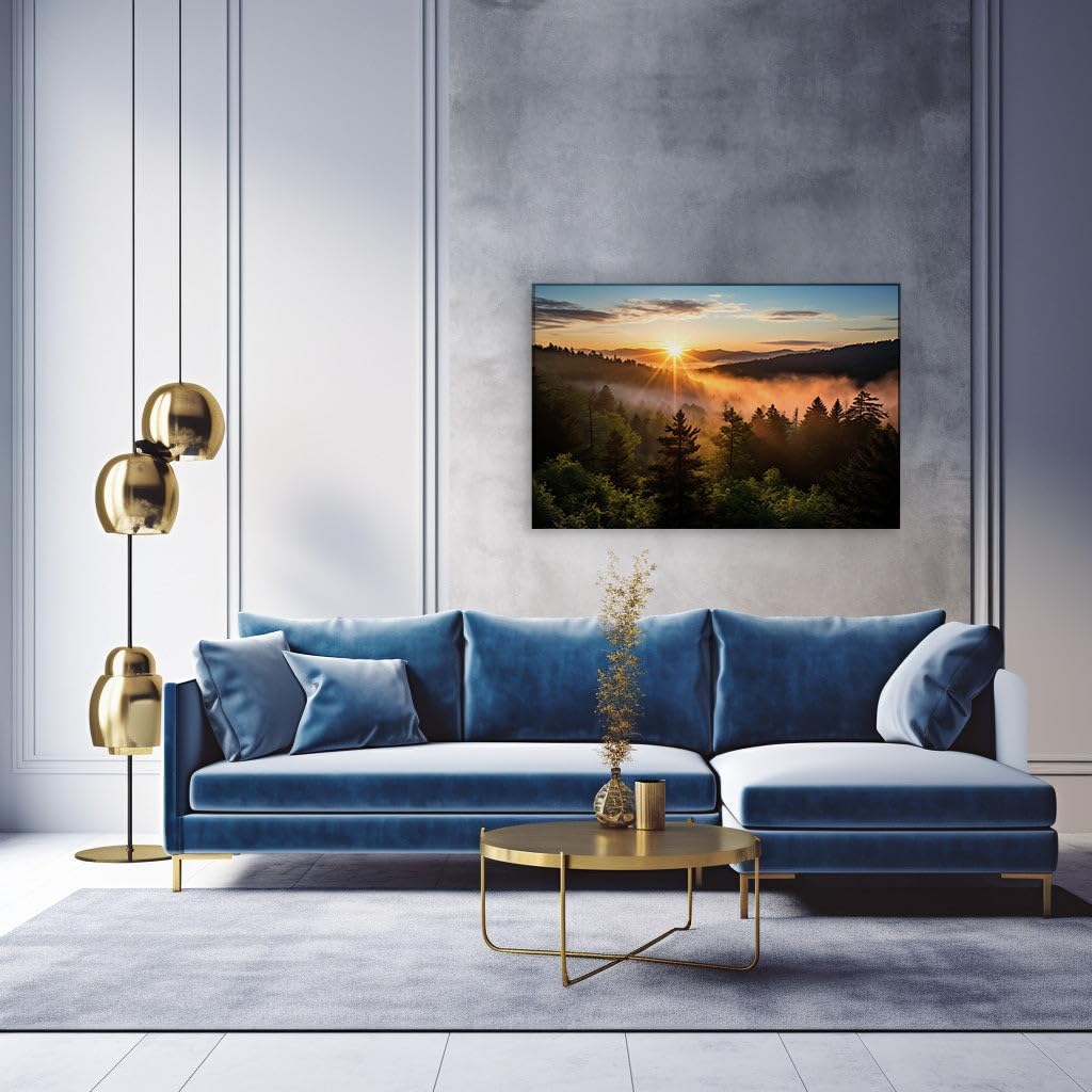 Canvas for Living room. Dawn's Embrace: A Serene Symphony of Light and Mist in the Mountain Forests, 27 x 18 inch Canvas Wall Art - Contemporary Masterpieces - Modern Home Decor