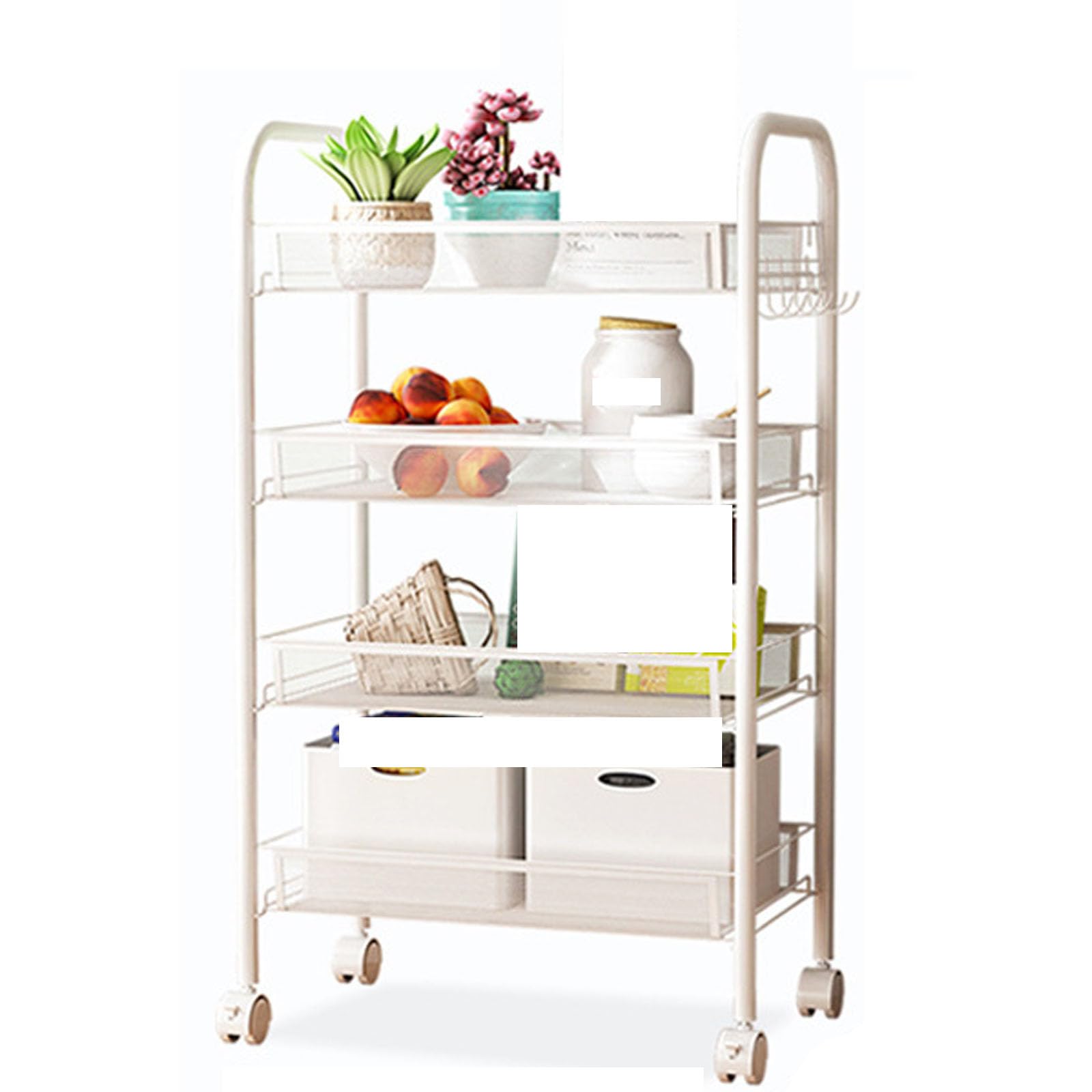Eiwitany Mobile Racks, Net Baskets, Multi-layer Floor Trolleys Can Store Snacks, Cosmetics, Fruits and Vegetables, Books, Kitchen Utensils, Etc. (white four layers)