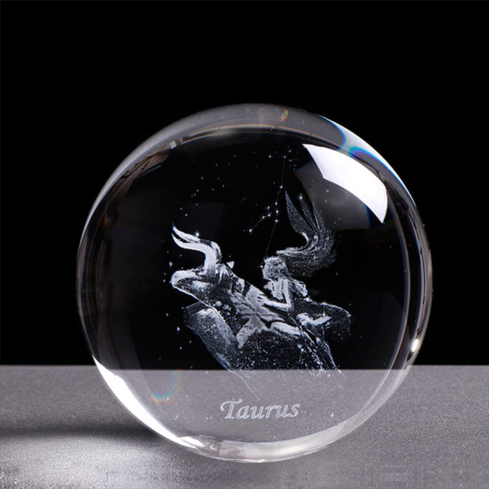 3D kryształowe znaki zodiaku graweruj kulki konstelacje szklana kula dekoracja wnętrz urodziny zawieszki zodiaku szklana kula 8 cm, byk, 8 cm złota podstawa