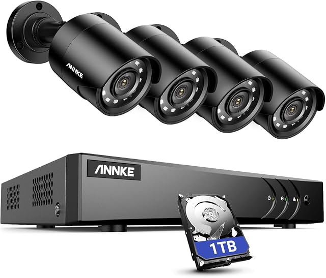 ANNKE 8 Channel Outdoor Security CCTV Camera System with Smart Human & Vehicle Detection, 5MP Lite H.265+ DVR with 1TB Hard Drive and 4x 1080P Home Security Cameras, Email & APP Alert with Images-E200