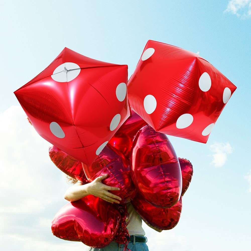Cute 4D Dice Balloon Dice Party Decorations For Wedding Night Birthday Party Supplies, 6 Pack Red Square Shaped Balloon Inflatable Cube Foil Balloons Poker Events Game Night Casino Balloons