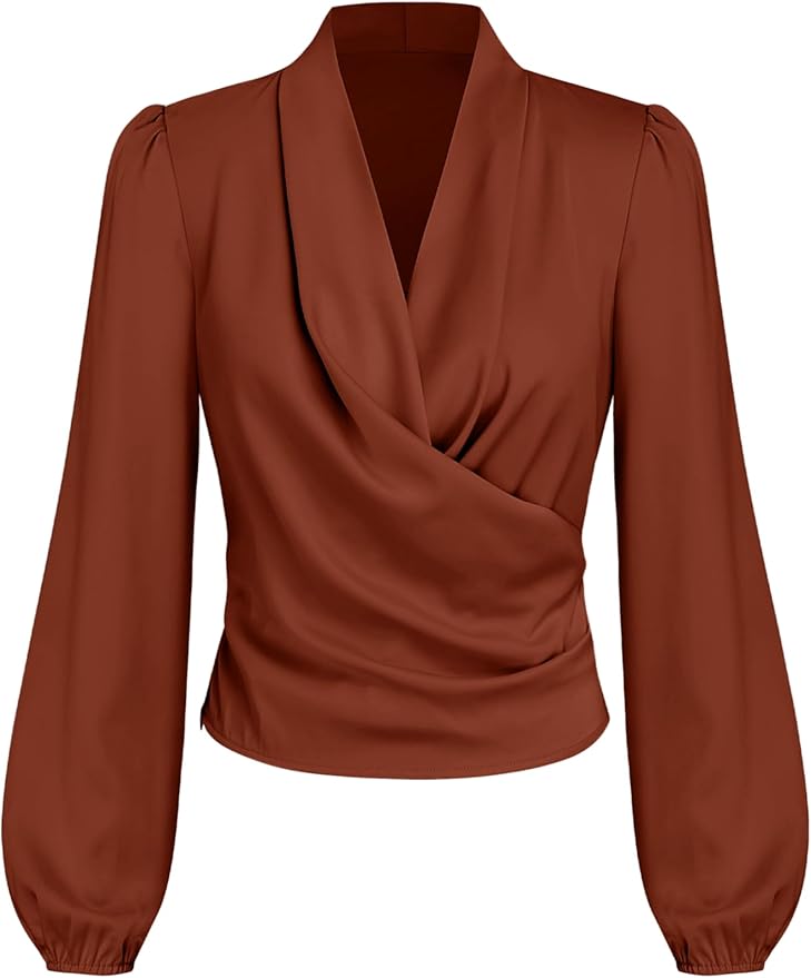 CIDER Satin V-Neck Wrap Zip Long Sleeve Blouse: Brown, XS at