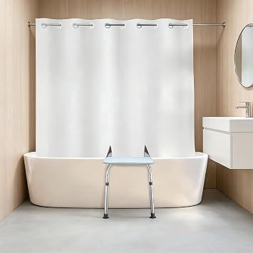 Split Shower Curtain for Transfer Bench, No Hooks Needed Fabric Shower Curtain with Two 13.4x11.8-Separated-Away Slits at Bottom, Water Resistant White 71x74 inches