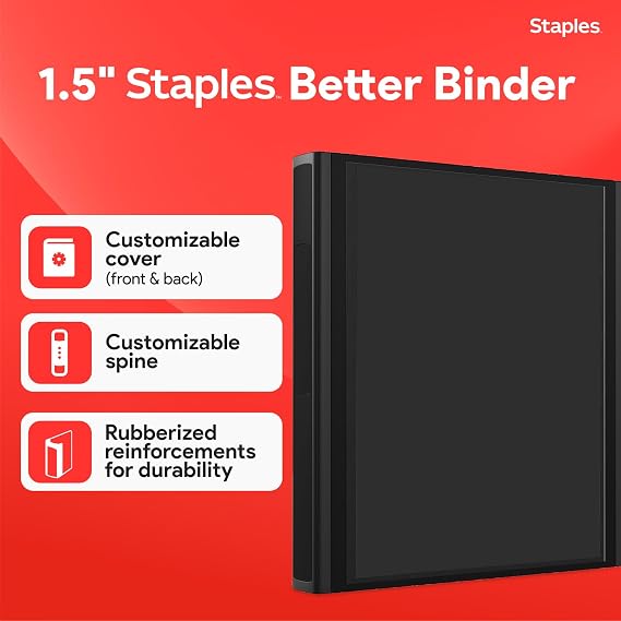 Staples Heavy-Duty 1.5-Inch D-Ring Binder, Black Large Capacity 3-Ring Binder, Holds Up to 400 Sheets for School & Office