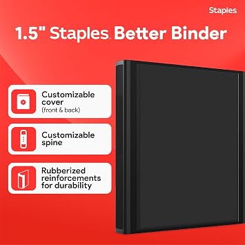 Staples Heavy-Duty 1.5-Inch D-Ring Binder, Black Large Capacity 3-Ring Binder, Holds Up to 400 Sheets for School & Office