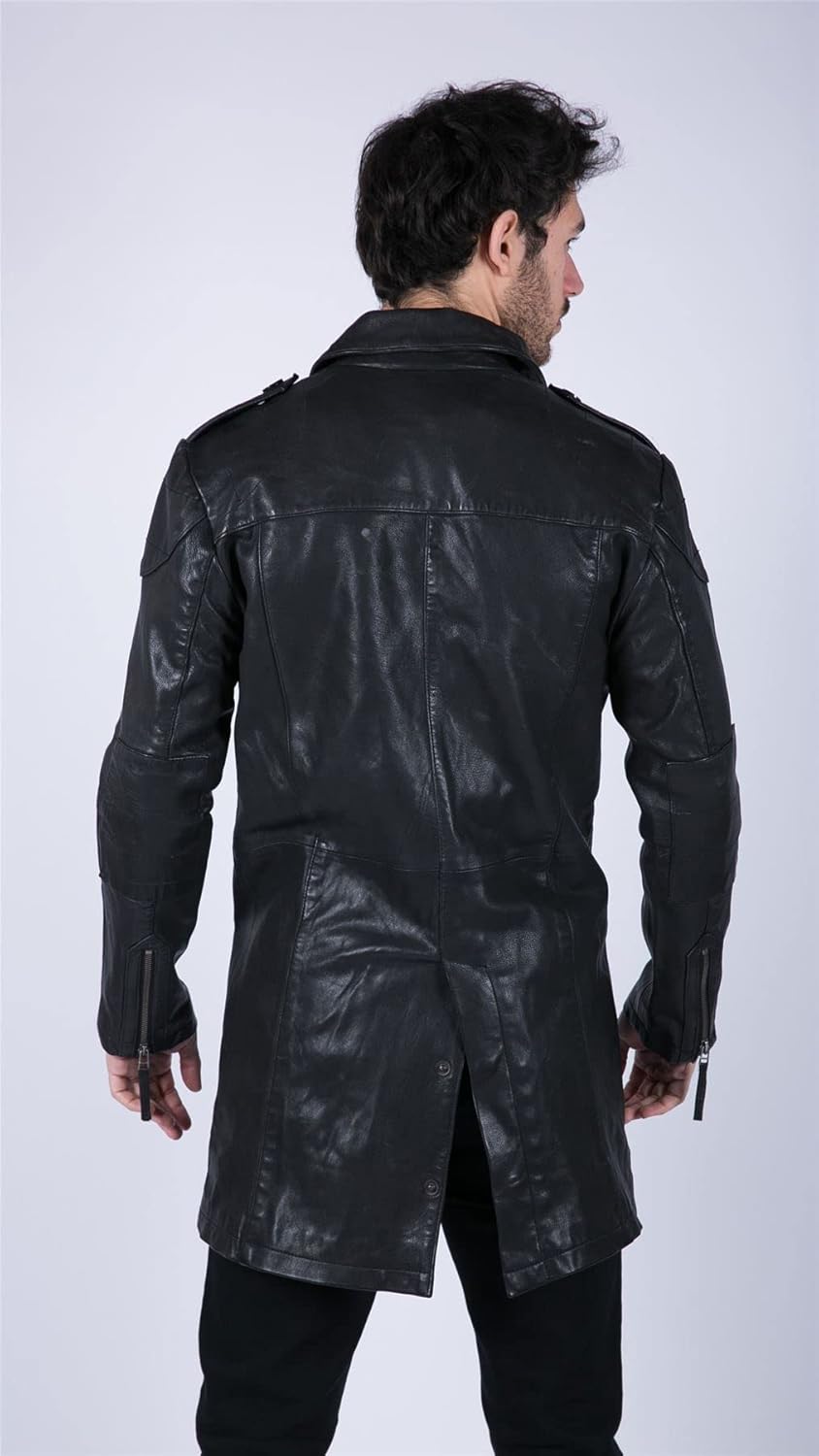 TruClothing Mens Black Brown Real Leather Trench Coat Button Vintage 3/4 Casual