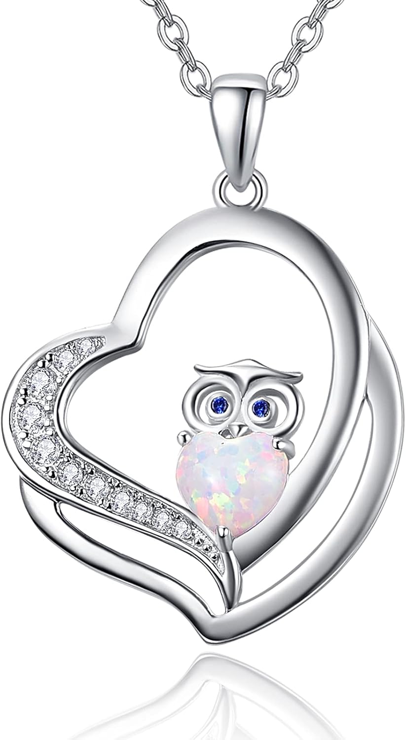 Dreamboat Owl Heart Necklace 925 Sterling Silver Opal Owls Pendant Necklaces Bird Animal Jewelry Birthday Party Gifts for Women