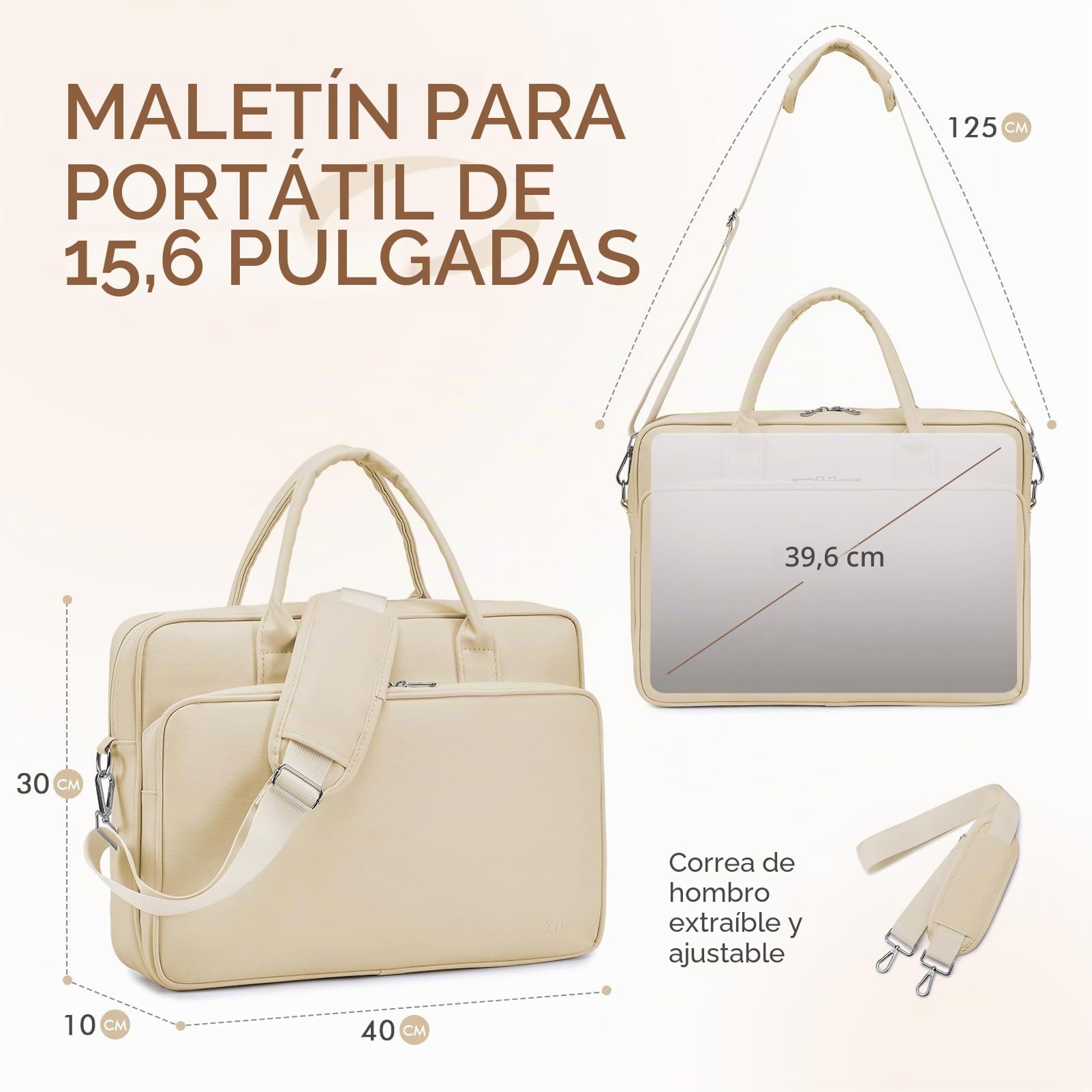 BAGZY Maletín Portadocumentos Mujer de PU Cuero Para Portatil 14 Pulgadas 15,6 Pulgadas Para La Escuela, El Trabajo Y Los Viajes de Negocios (Beige)