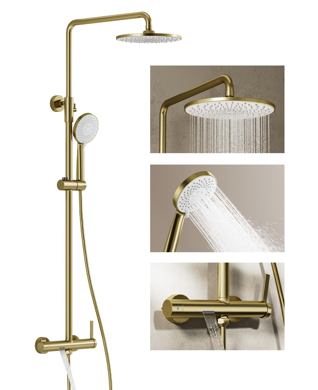 Duschsystem,Duscharmatur Komplettset gold 3 in 1, mit 23 cm Regenduschkopf | Duscharmatur Set gold mit Handbrause 3 Modus, wasserfall Badewannenarmatur, Duschsäule Messing, Höhenverstellbar, Duschset