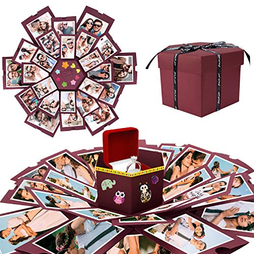 WisFox Überraschung Box, Kreative DIY Handgemachte Überraschung Explosion Geschenkbox Liebesgedächtnis, Scrapbooking Fotoalbum Geschenkbox zum Geburtstag Valentinstag Hochzeit Weihnachtsfest(Rot)