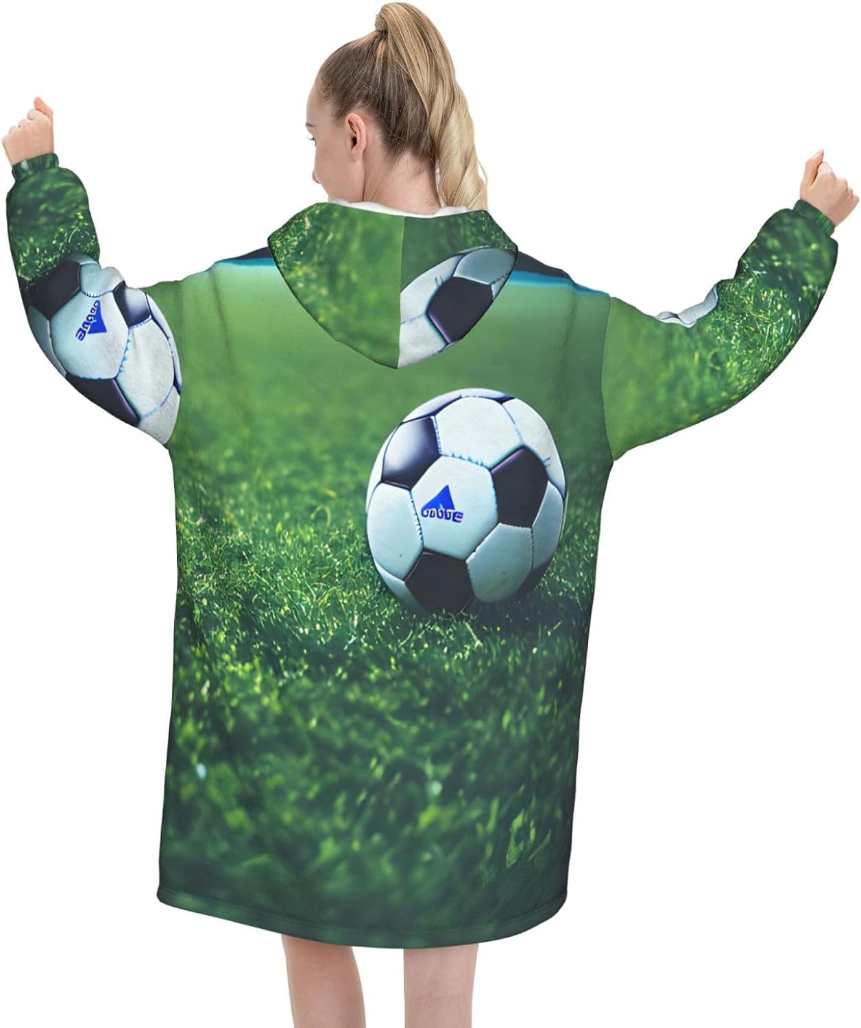 Soccer Ball On Grassyprint Oversized Hoodie Blanket, Super Soft Warm Comfortable Hoodie, Wearable Blanket Adult