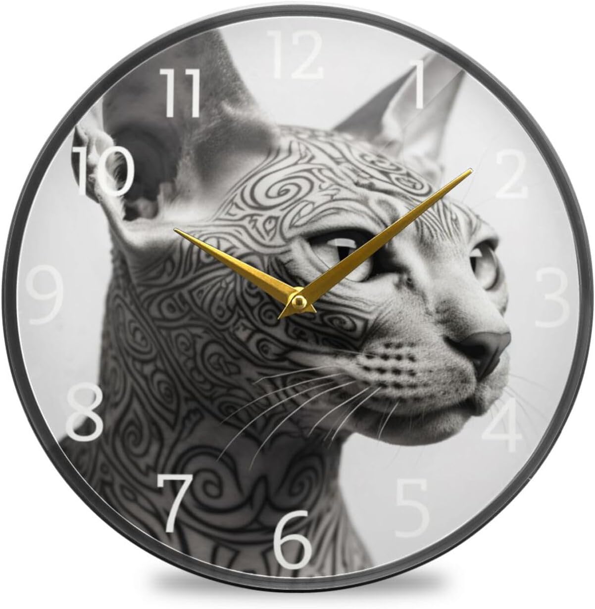 Decorative Wall Clock Cat with Tattoo Picture 11.9 Inch Battery Operated Round Quiet Desk Clock for Bedroom Living Room Kitchen