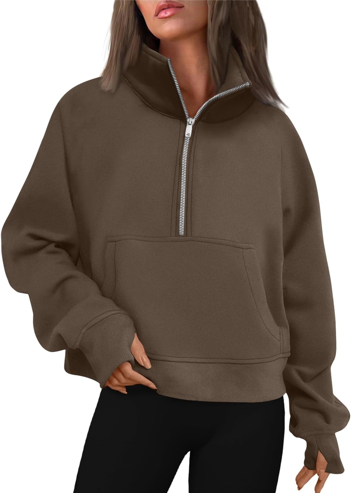 Half Zip Sweatshirt Women Cropped Oversized Fleece Pullover Zipped Thumb Hole Cute Sweatshirts with Pockets