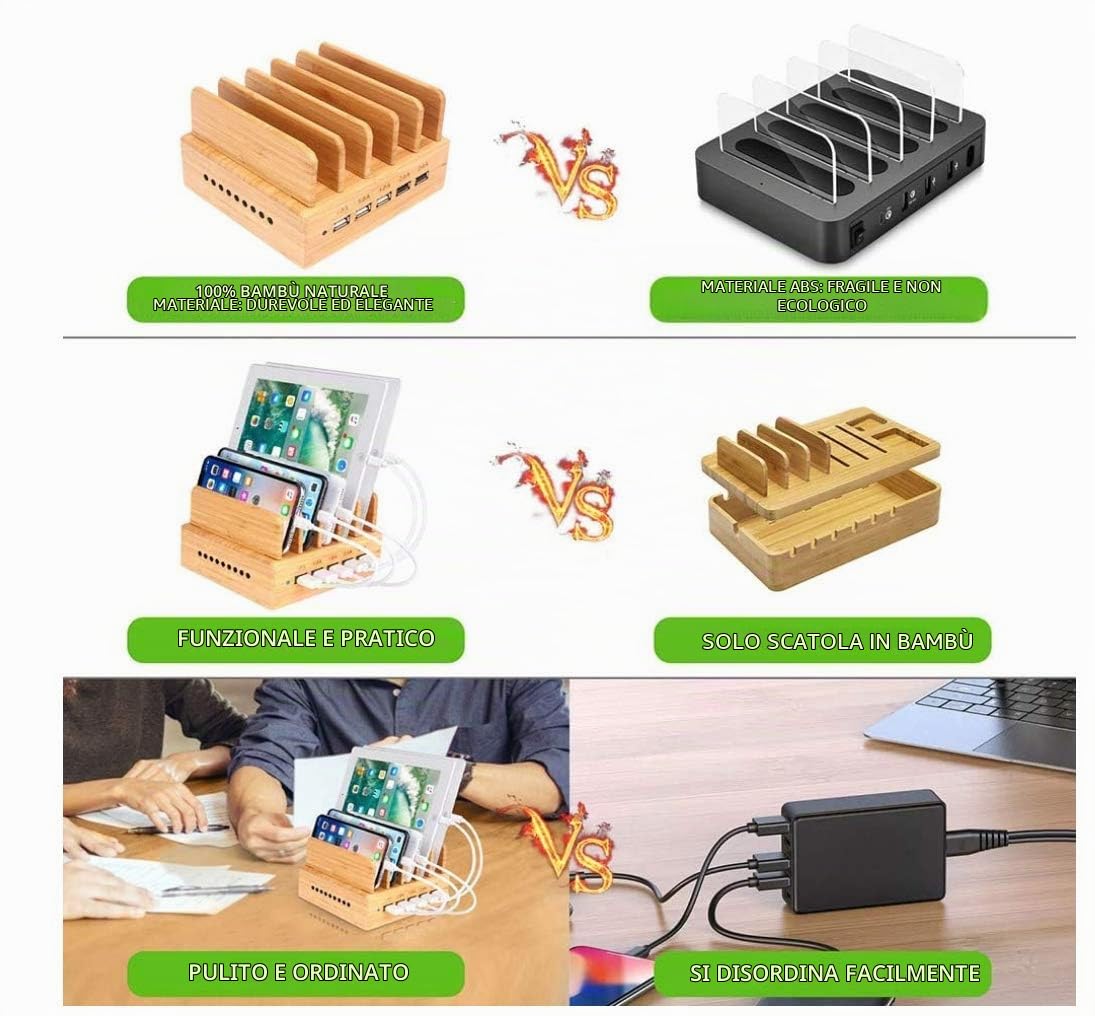 Yisen - Stazione di ricarica USB a 5 porte, in bambù, per iPhone, iPad, telefoni cellulari universali, tablet e altri dispositivi con ricarica USB, con cavo di ricarica del Regno Unito