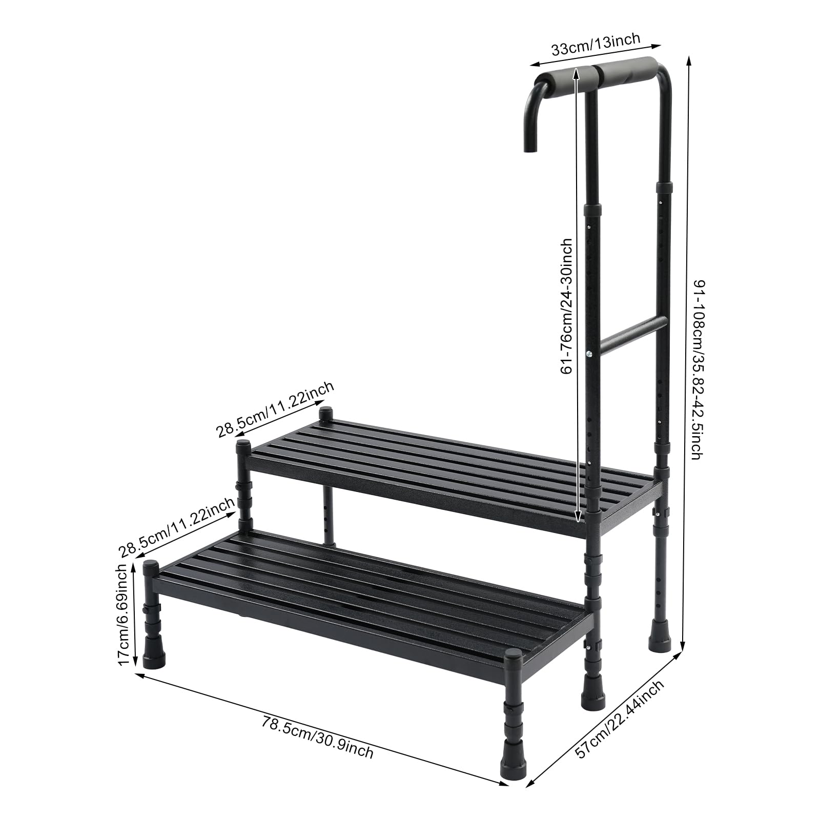 Scala a 2 gradini con manico di sicurezza elevato, gradino per camper e casa in acciaio al carbonio, antiscivolo con ampia superficie per cucina, biblioteca garage