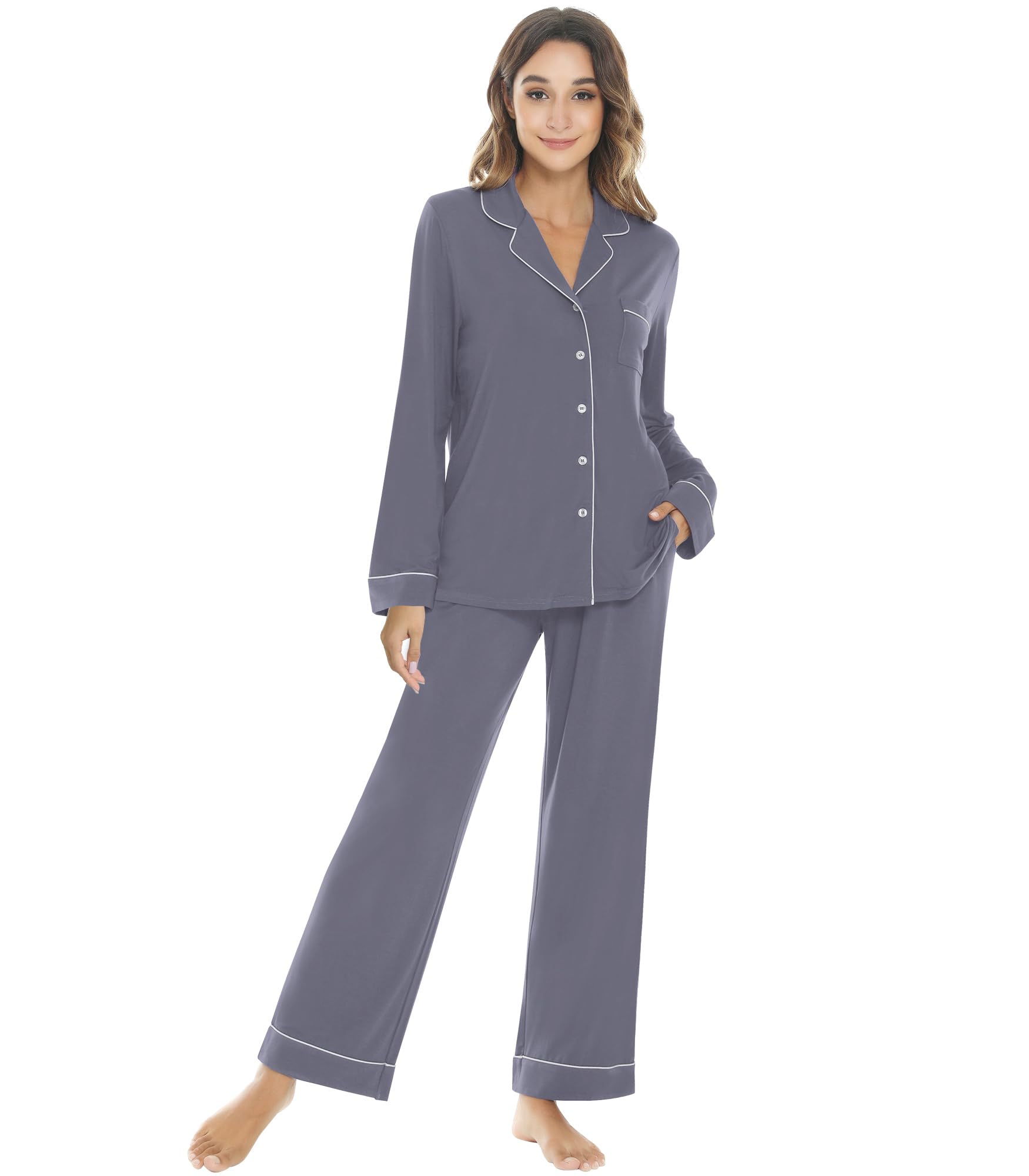 NACHILA Women's Long Sleeve Bamboo Pajama Sets - Soft Comfy Button-Down Sleepwear OEKO-TEX Certified