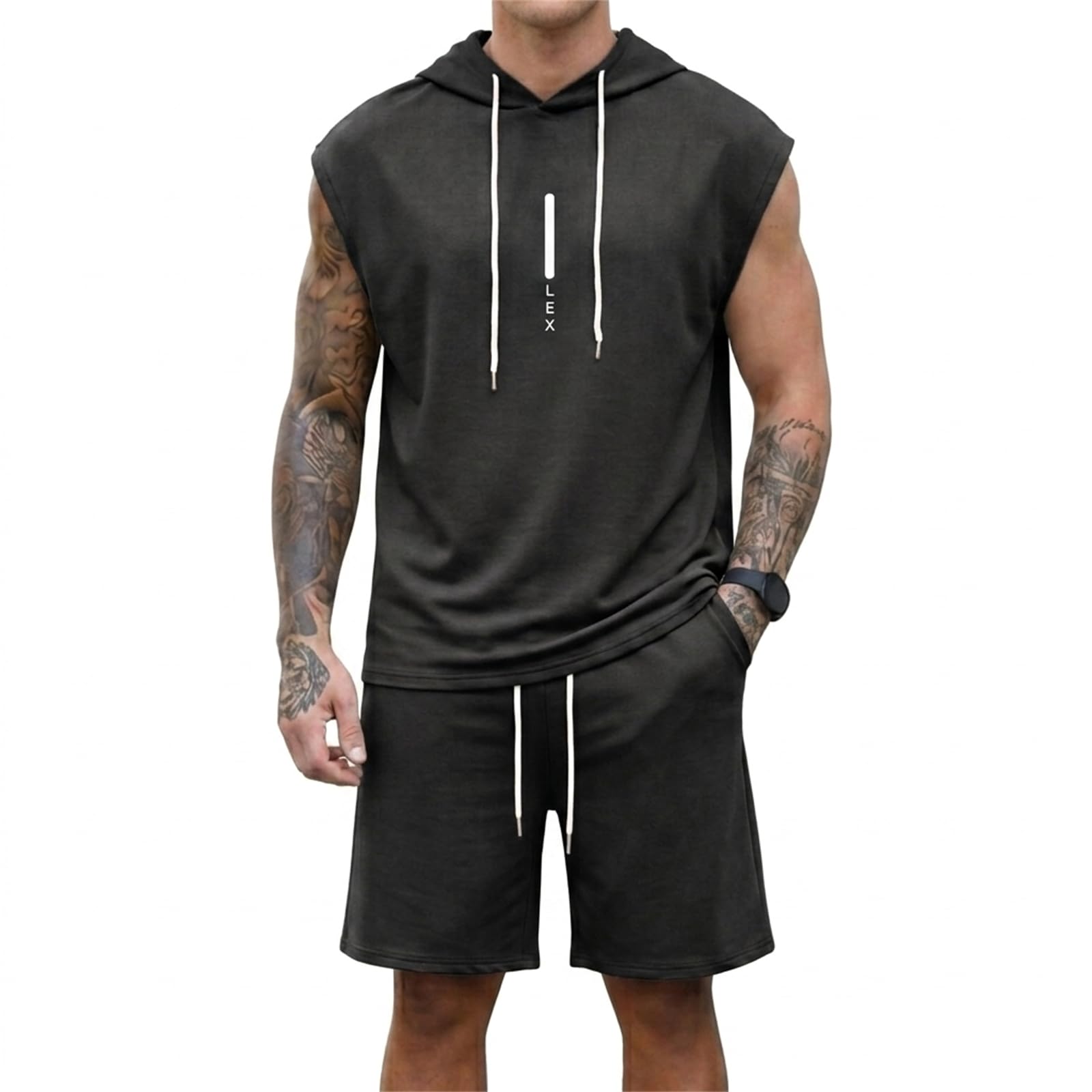 Lexiart Mens Short Sets Sleeveless Workout Hooded 2 Pieces Outfits