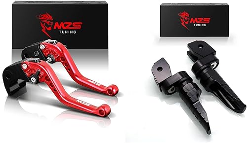 MZS Red Motorcycle Brake Clutch Levers Adjustable Short + MZS Motorcycle Foot Pegs, Front Double Roating Rider Footpegs Compatible with Monster