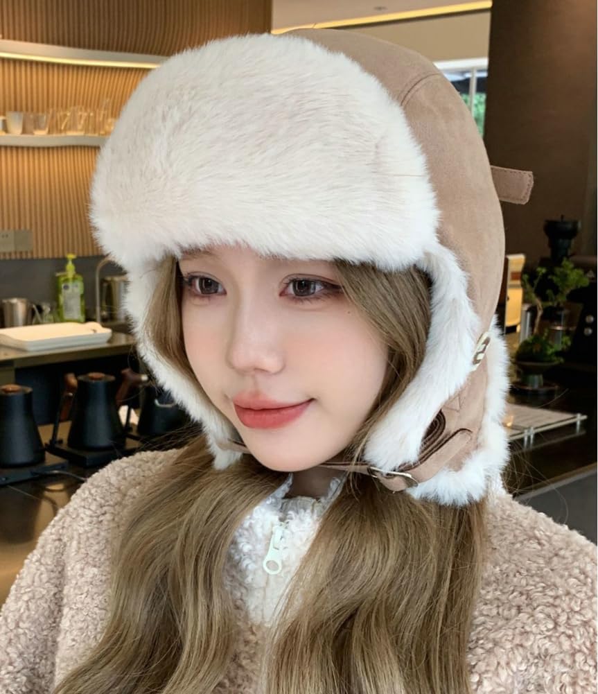 Winter Warm Trapper Hat for Women Versatile Windproof Earflap Hat Outdoor Thick Fuzzy Hunting Hat Cycling Cotton Hat 2024 Khaki