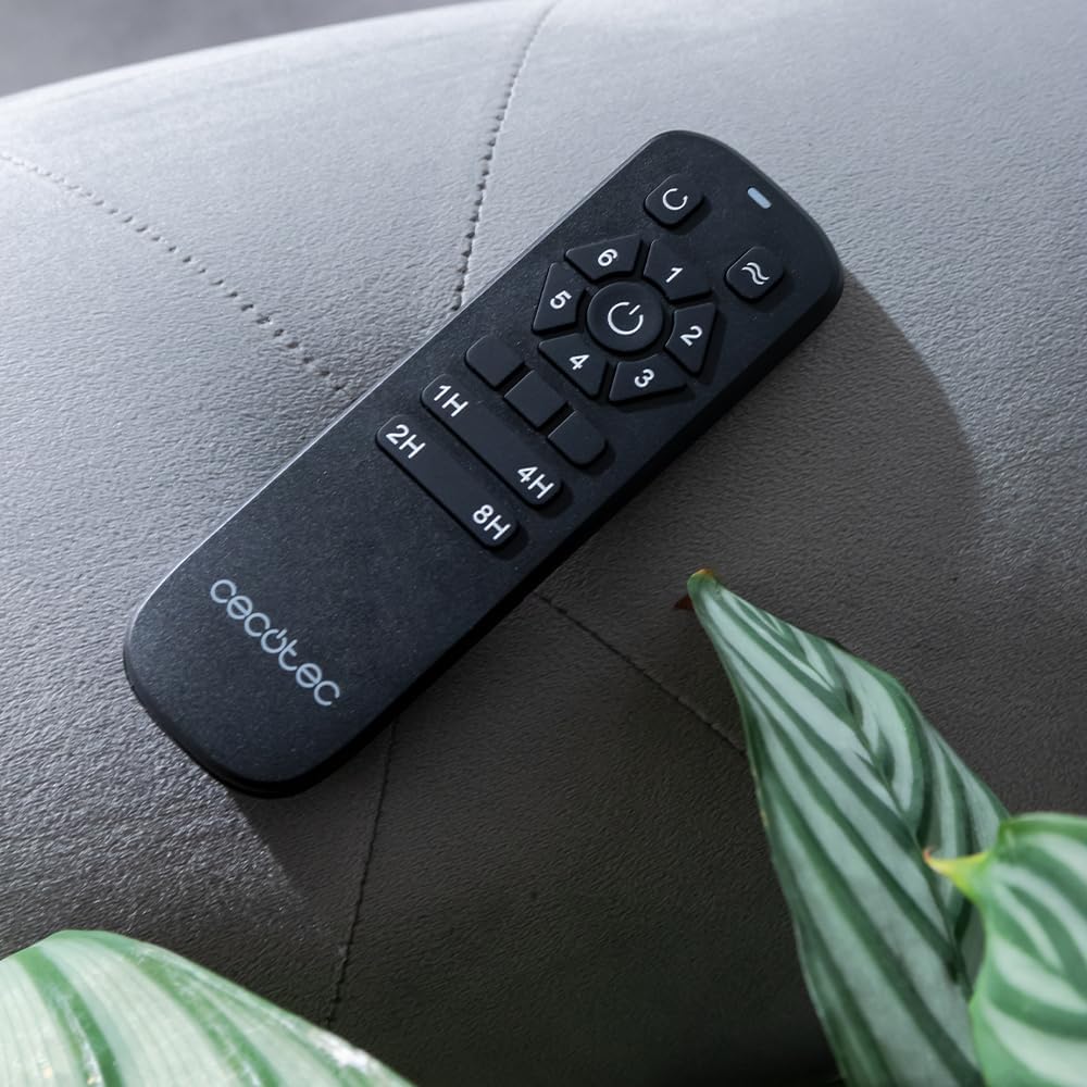 The black remote control for the Cecotec ceiling fan, showing buttons for power, speed, mode, timer, and summer/winter functions.
