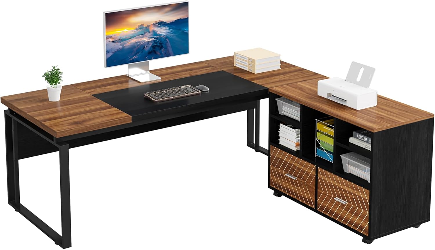 LITTLE TREE 63" L-Shaped Executive Office Desk with File Cabinet Combo, Large Modern Office Desk for Home Office, Reversible 2-Drawer Wood File Cabinet for A4/Letter Size Files(Brown & Black)