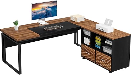 Miniatura 9 de LITTLE TREE Escritorio de oficina ejecutivo en forma de L de 63 pulgadas con archivador reversible, escritorio de oficina grande y moderno para