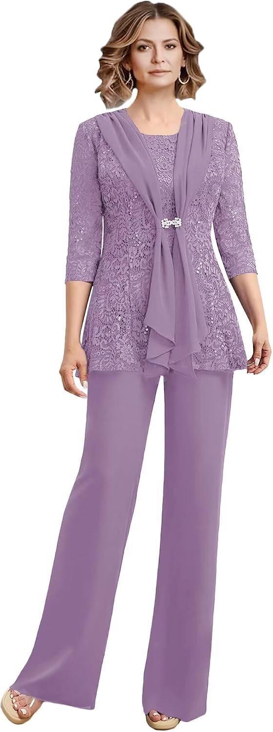3 Piece Mother of the Bride Pant Suits Chiffon Applique Grandmother of the Bride Pantsuits for Wedding with Jacket