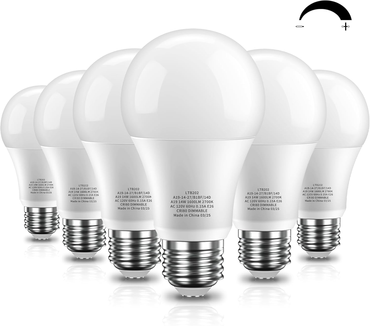 Dimmable LED Light Bulbs, 100 Watt Equivalent LED Bulbs, 14W 1600LM 2700K Soft White, E26 Standard Base, CRI80+, A19 Lightbulb for Home, Bedroom, Living Room, Office, 6 Pack