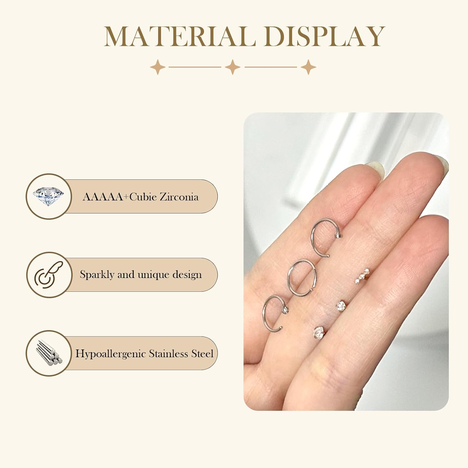 Nose Rings for Women 14K Gold Plated Hypoallergenic Surgical Steel Nose Ring Hoops 20g Nose Ring CZ Lip Ring L Shaped Studs Nose Piercings Jewelry for Women Men - Image 4