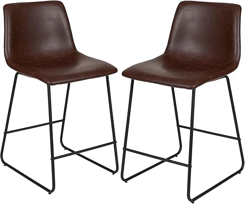 Flash Furniture Reagan LeatherSoft Taburetes de altura de mostrador de 24 pulgadas con reposapiés, sillas de comedor modernas de estilo cubo, juego